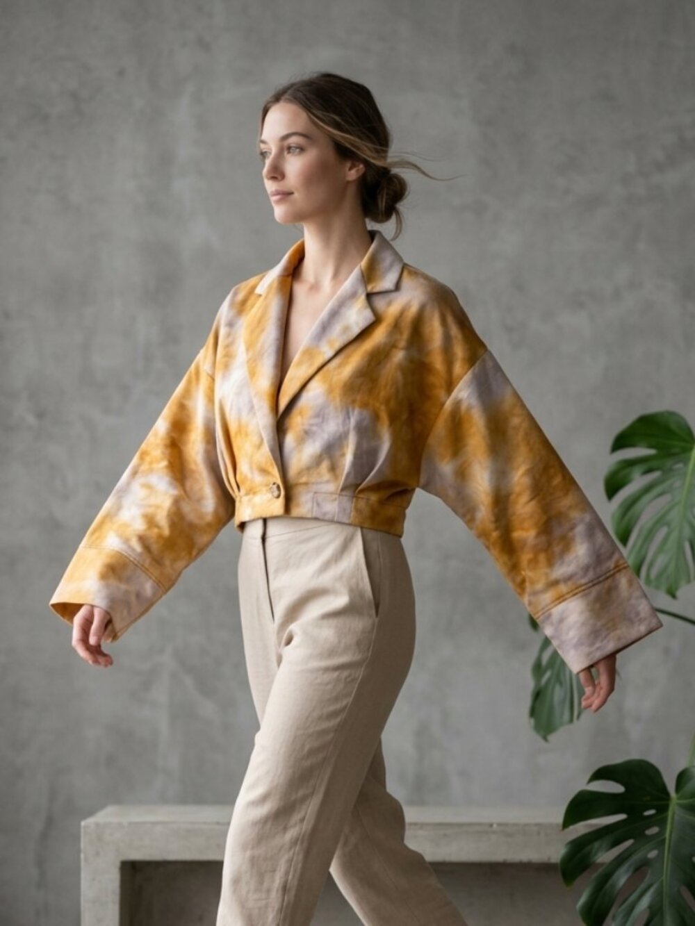 Women's Cropped Tie-Dye Jacket in Mustard White